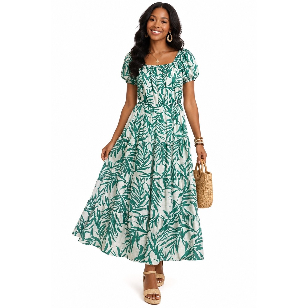 Indigo Rose Green White Tropical Leaf Tiered Maxi Dress L Resortwear Boho